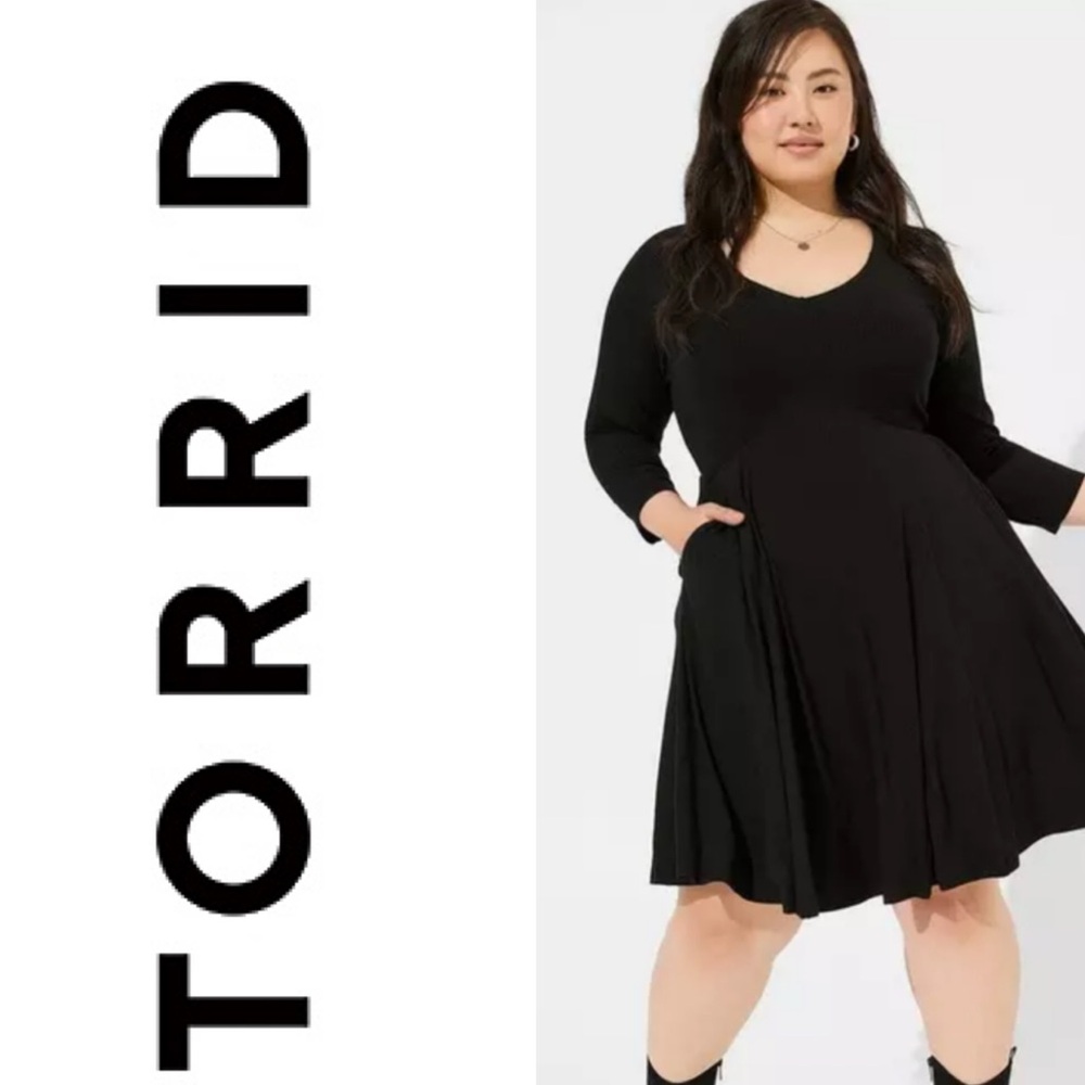 TORRID Mini Foxy Rib Fit And Flare Dress Long Sleeve Black Size 0/L